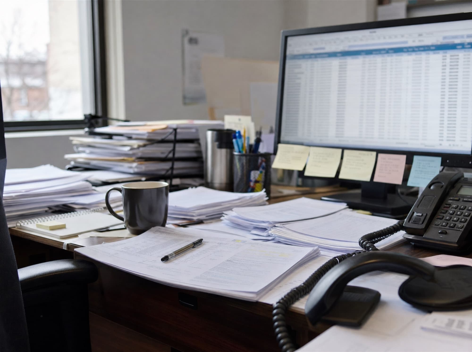 Mesa de trabalho de administradora — papel, planilha e telefone ao mesmo tempo